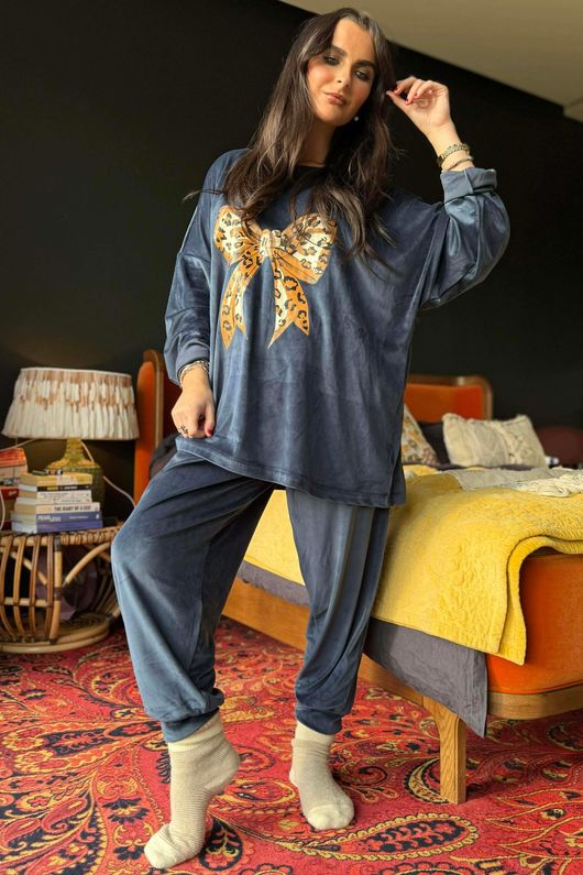 Binky Bow Soft Stretch Velour Lounge Suit Prussian Navy